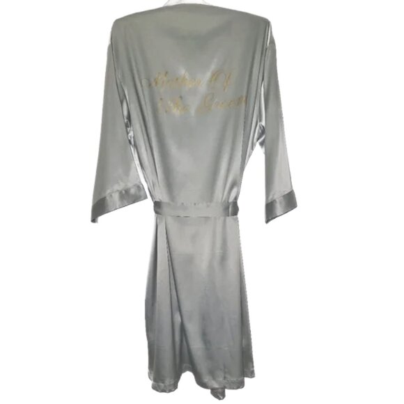 "Mother Of The Groom" Light Blue Satin Kimono with Gold Glitter Writing One Size - Picture 2 of 16
